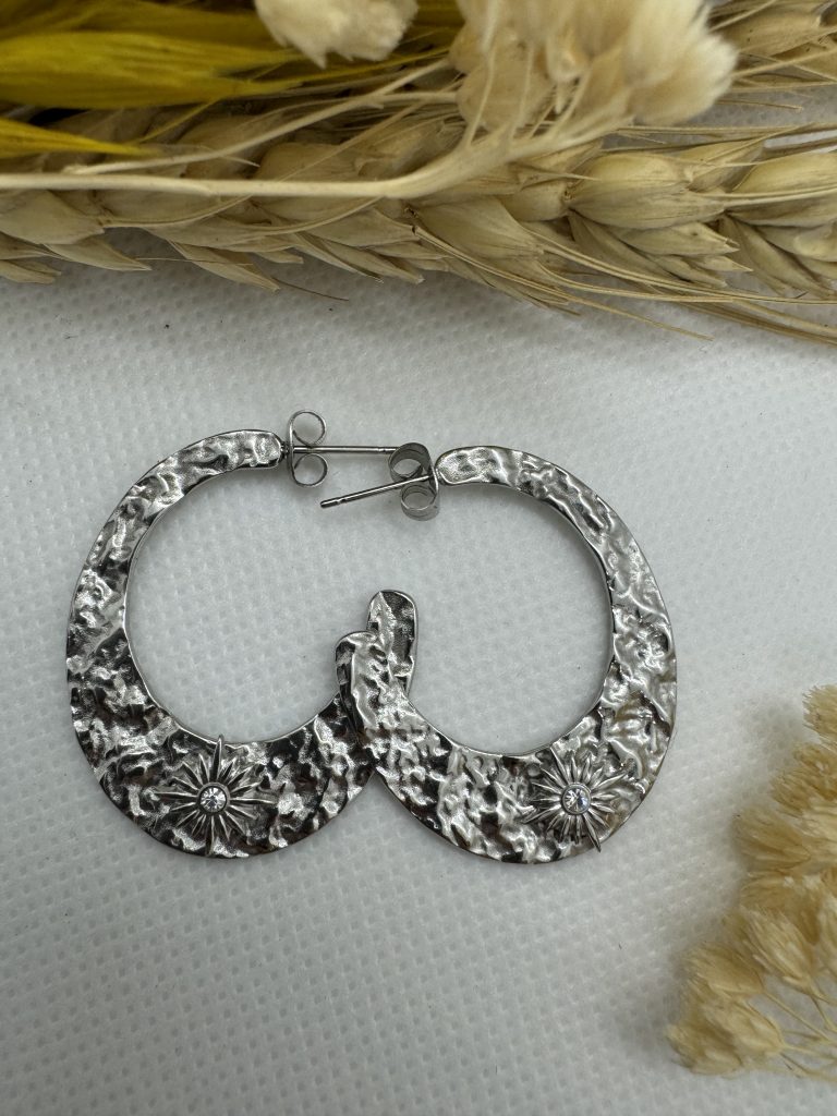Boucles d'oreilles Agnès acier inoxydable argenté avec soleil strassé