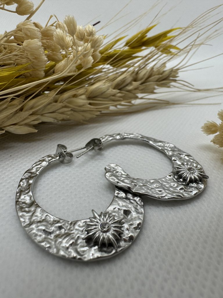 Boucles d'oreilles Agnès acier inoxydable argenté avec soleil strassé