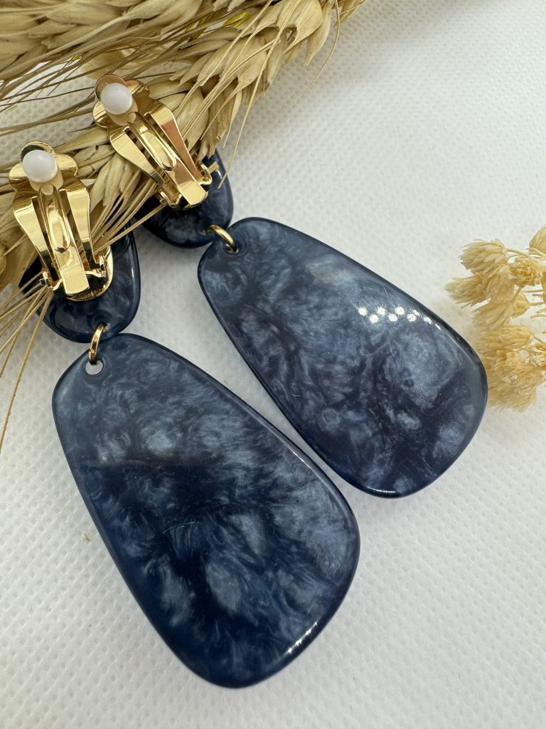 Boucles d'oreilles fantaisie à clips bleues et dorées - pour oreilles non percées